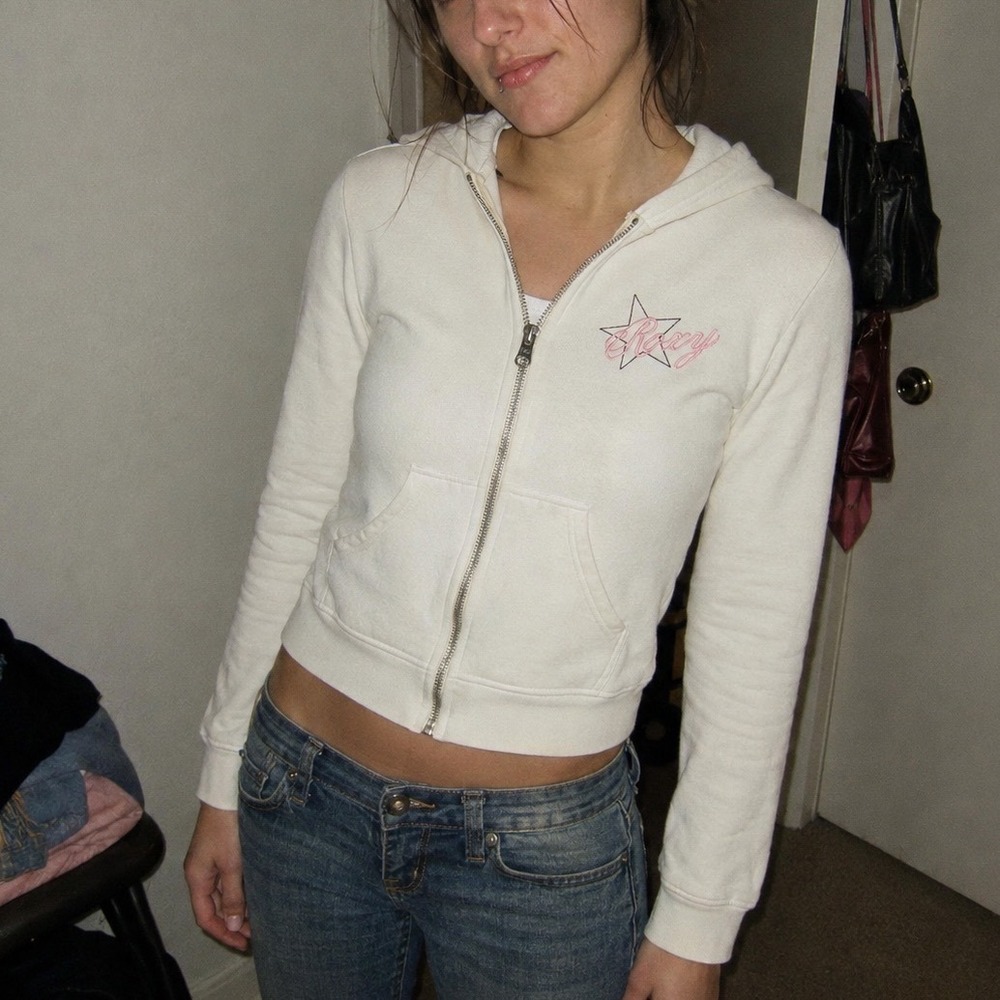 Y2K Roxy Zip Up Hoodie Women Small White Star Embroidered Vintage Skater Surf